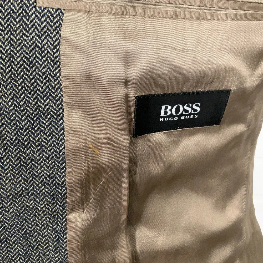 Hugo Boss Blazer Men 40R Navy Khaki Herringbone‎ Einstein Lambswool Sport Coat